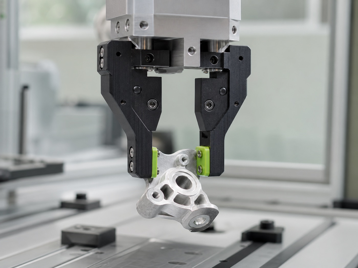 Custom robot gripper fingers with replaceable green contact pads holding a machined aluminum part