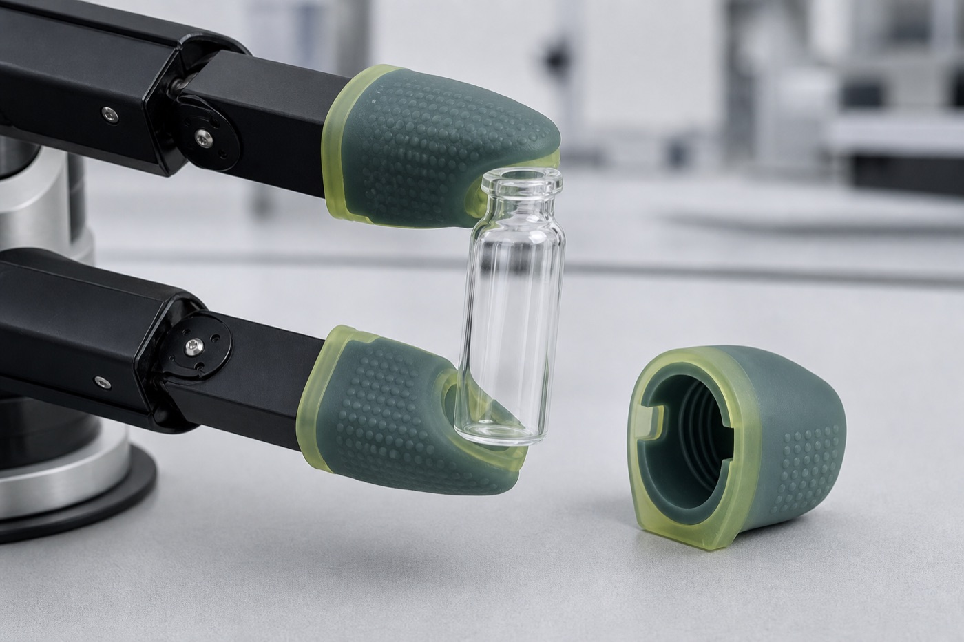 Soft robotic fingertip covers handling a delicate glass vial